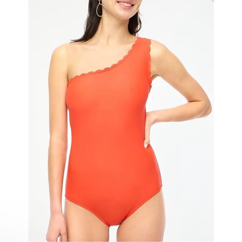 J. Crew Factory Scalloped One Shoulder One Piece Swimsuit in Red Orange Size L